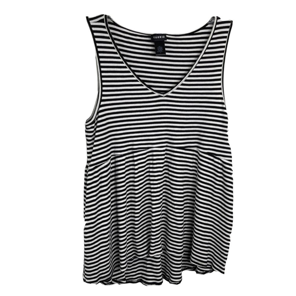 Torrid Women's Sz 2 2X Top Sleeveless Knit Black White Striped Peplum Hem